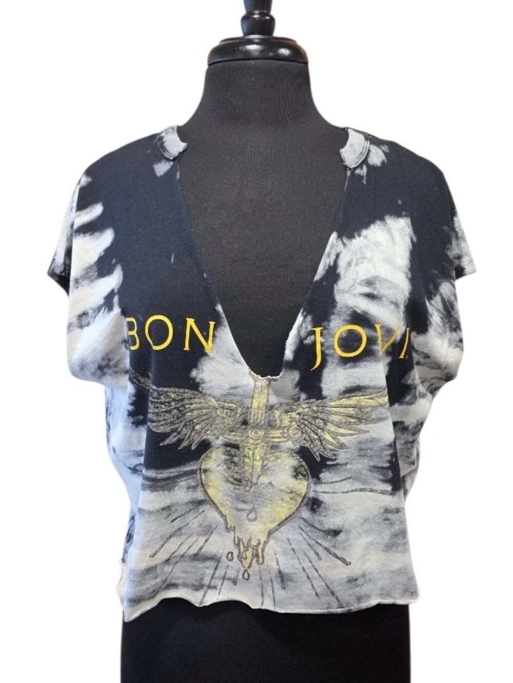 Bon Jovi Black & White Tie-Dye Deep V Cropped Tee Distressed Crop Rockstar